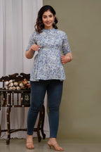 "Floral Print Cotton Peplum Short Kurti for Women – Light Blue"