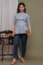 "Floral Print Cotton Peplum Short Kurti for Women – Light Blue"