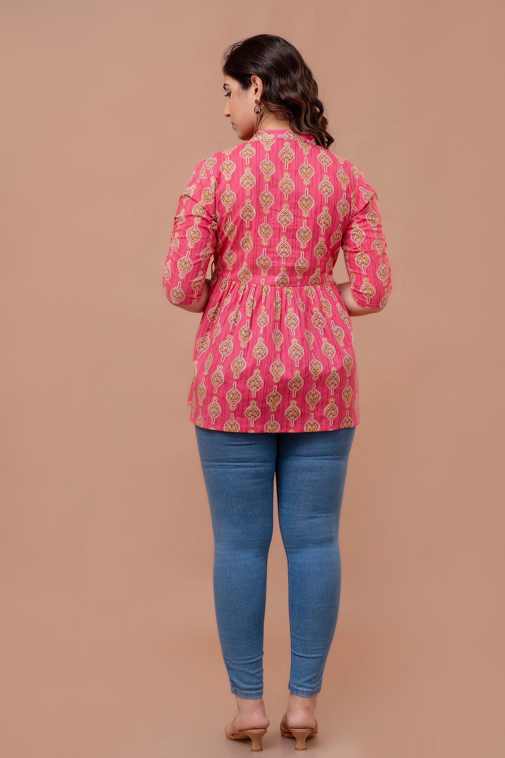 "Floral Motif Cotton Peplum Top for Women – Pink Shade"