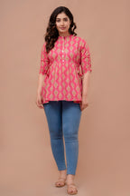 "Floral Motif Cotton Peplum Top for Women – Pink Shade"
