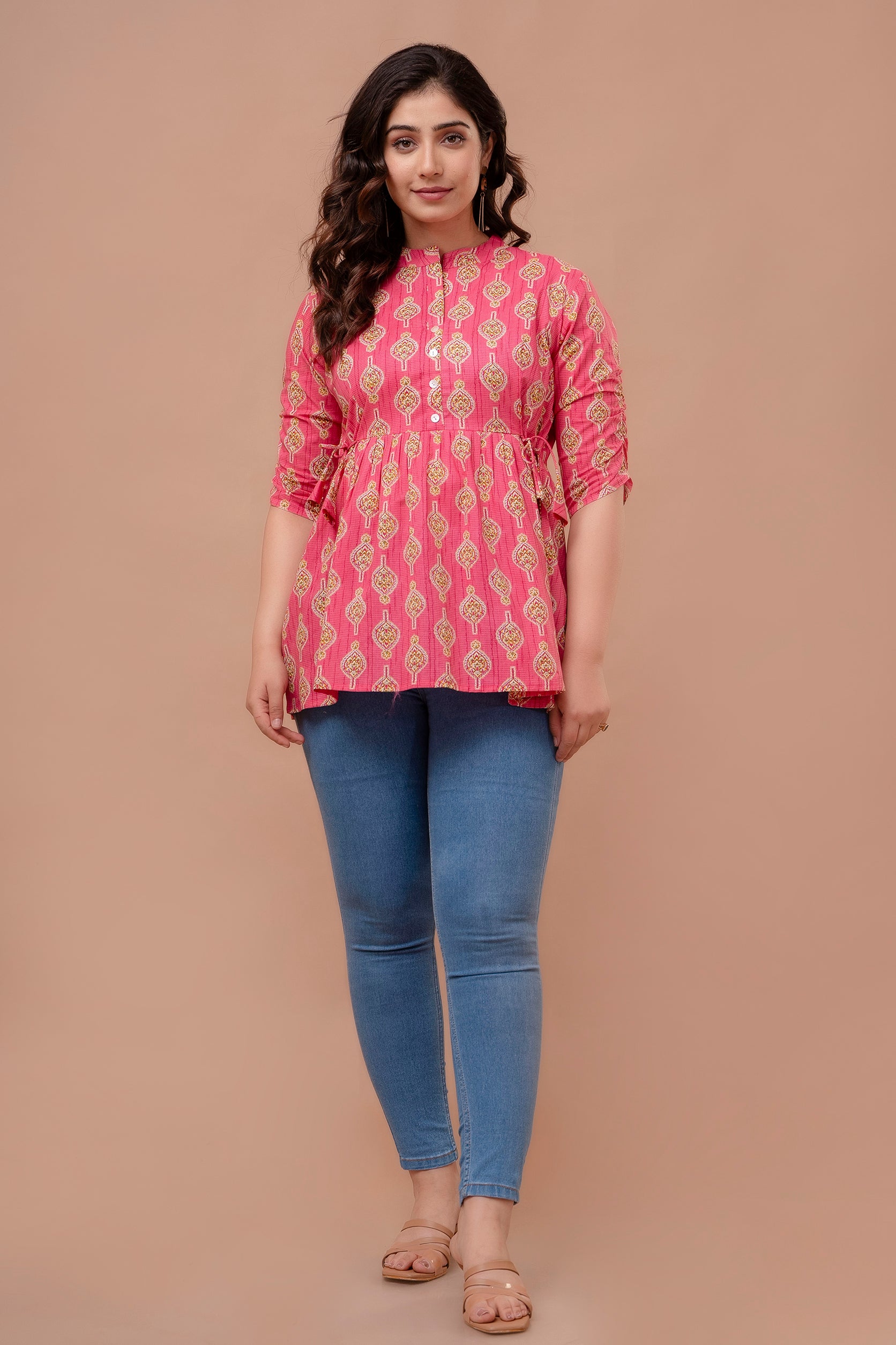 "Floral Motif Cotton Peplum Top for Women – Pink Shade"