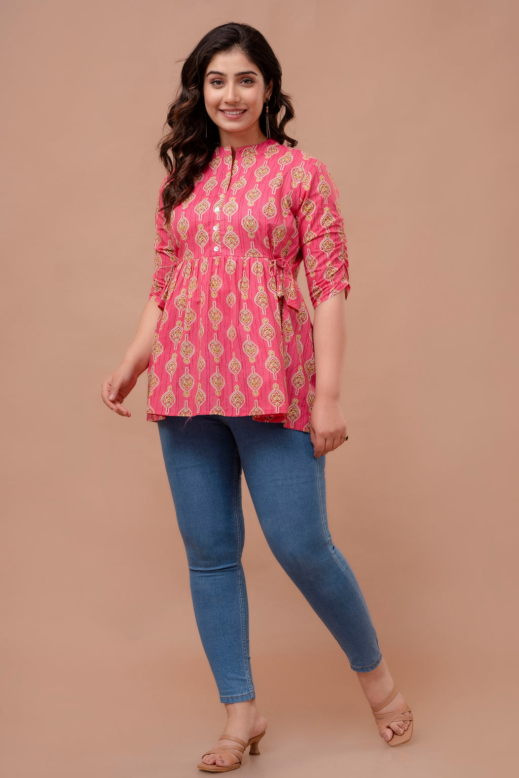 "Floral Motif Cotton Peplum Top for Women – Pink Shade"