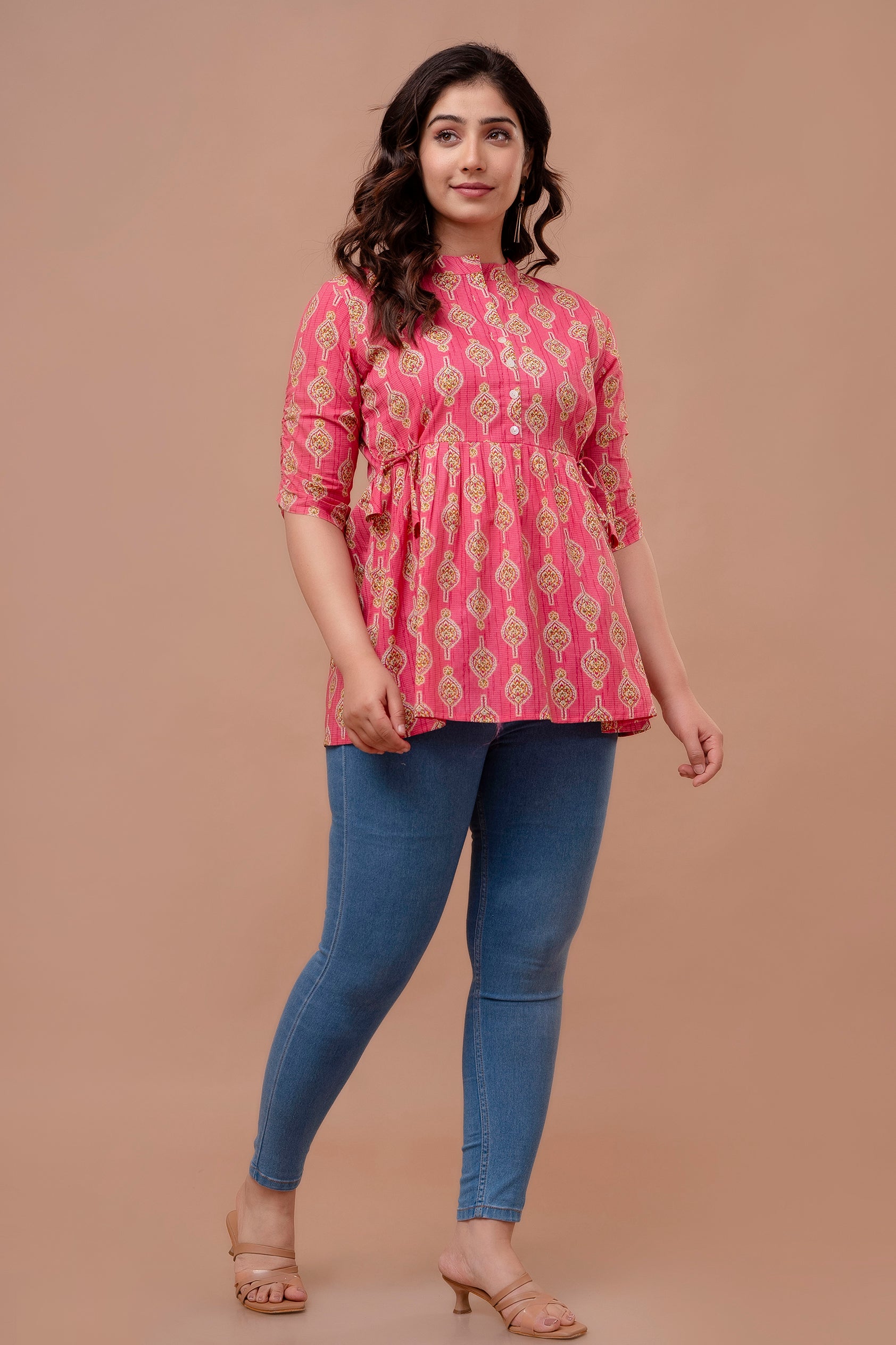"Floral Motif Cotton Peplum Top for Women – Pink Shade"