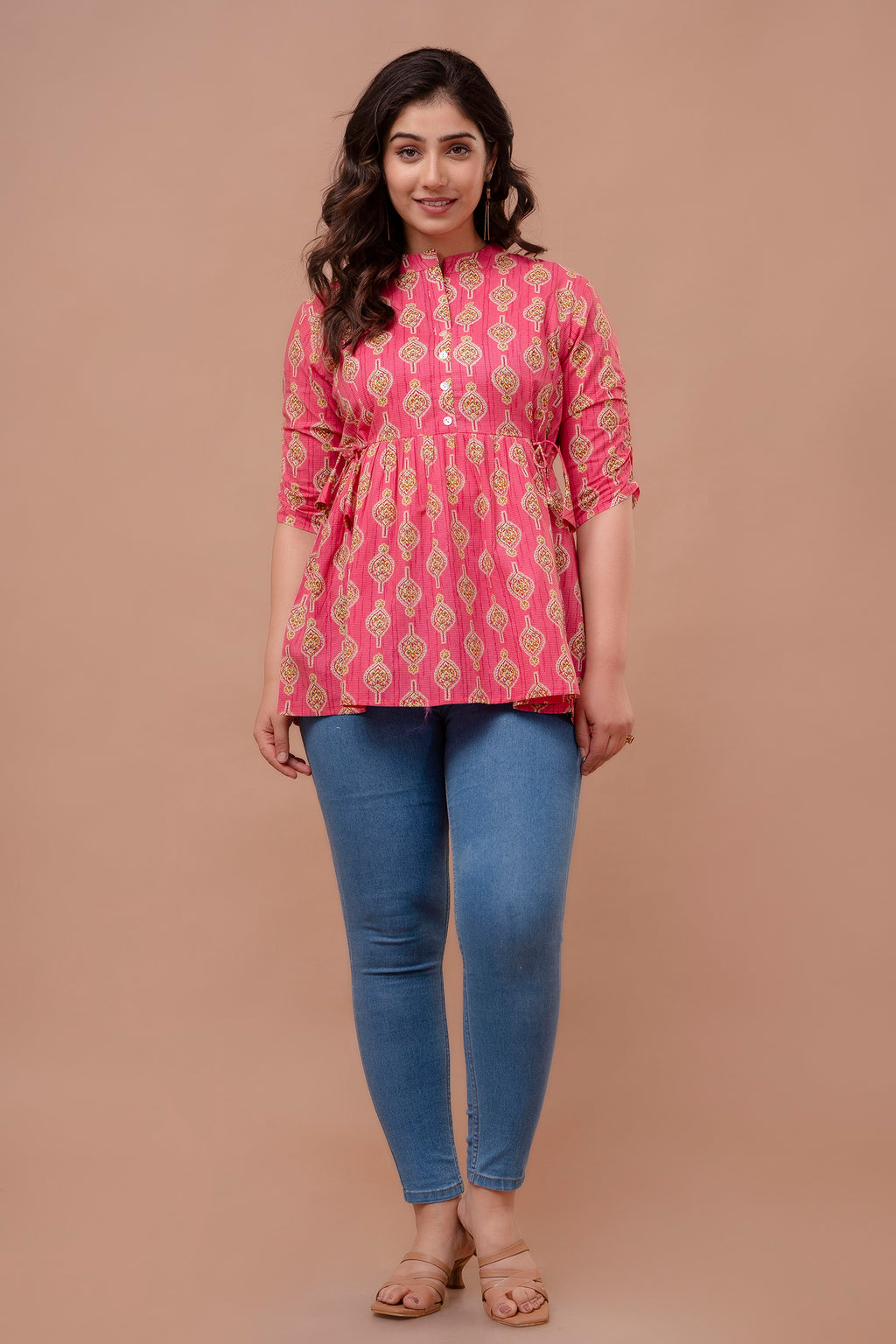 "Floral Motif Cotton Peplum Top for Women – Pink Shade"