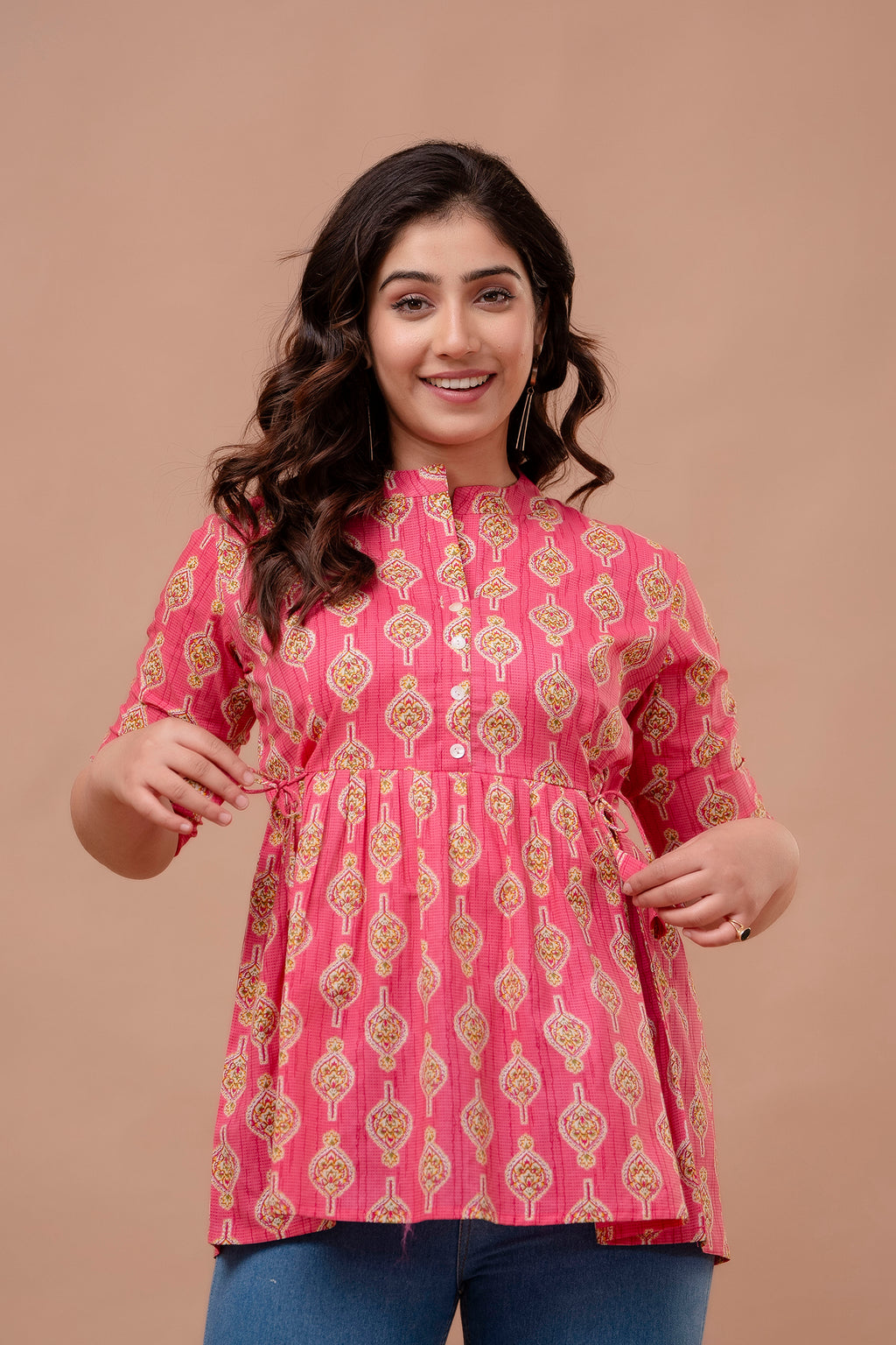 "Floral Motif Cotton Peplum Top for Women – Pink Shade"
