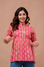"Floral Motif Cotton Peplum Top for Women – Pink Shade"