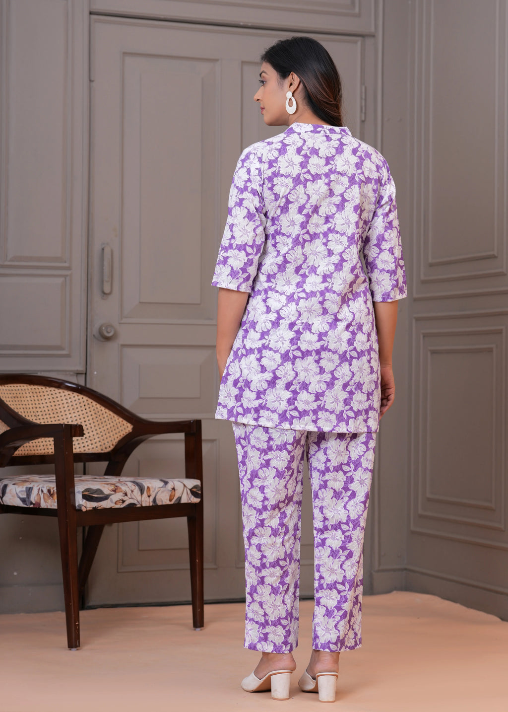 Lavender Floral Printed Cotton Night Suit for Women – Soft & Comfortable Sleepwear Set