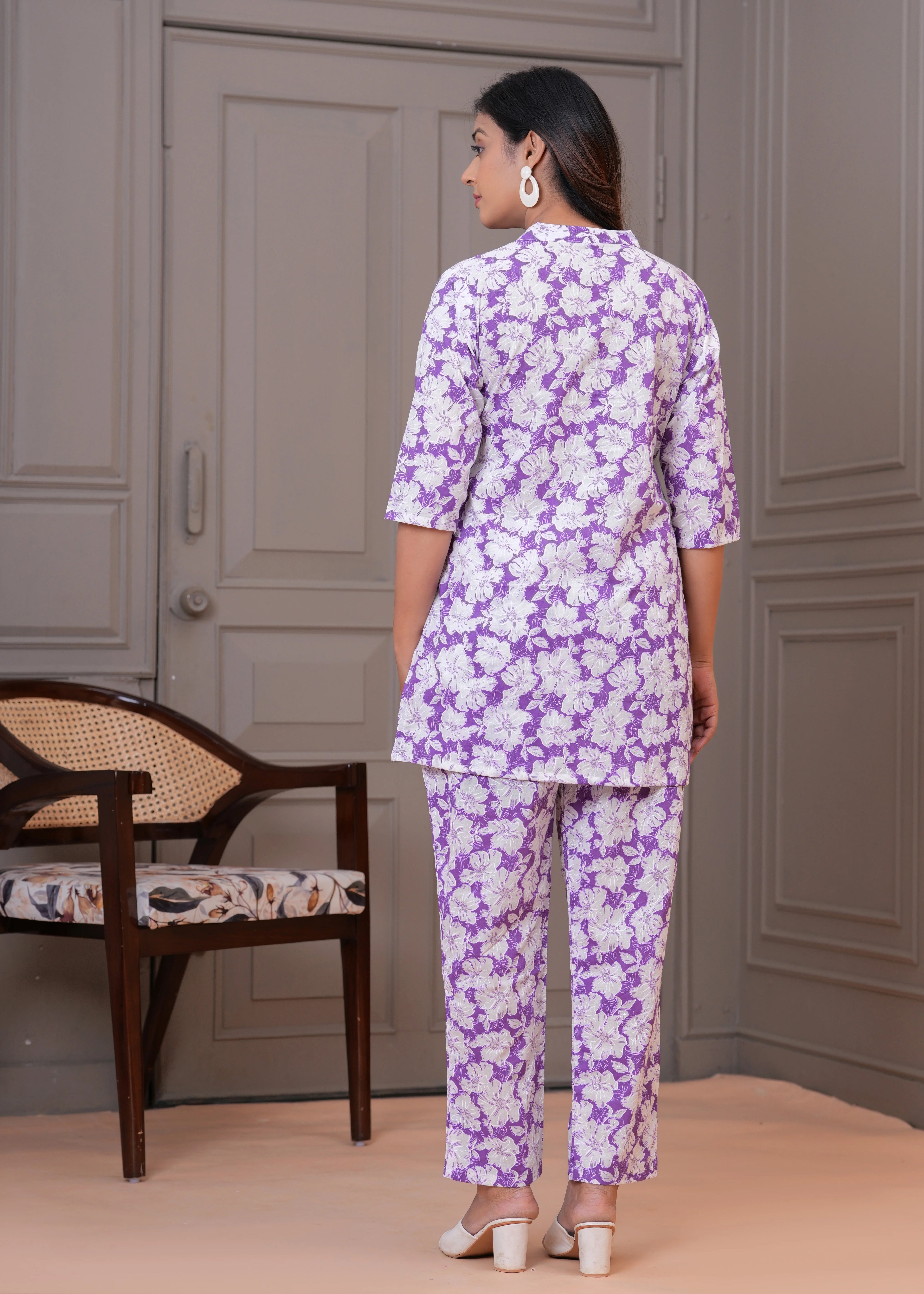 Lavender Floral Printed Cotton Night Suit for Women – Soft & Comfortable Sleepwear Set