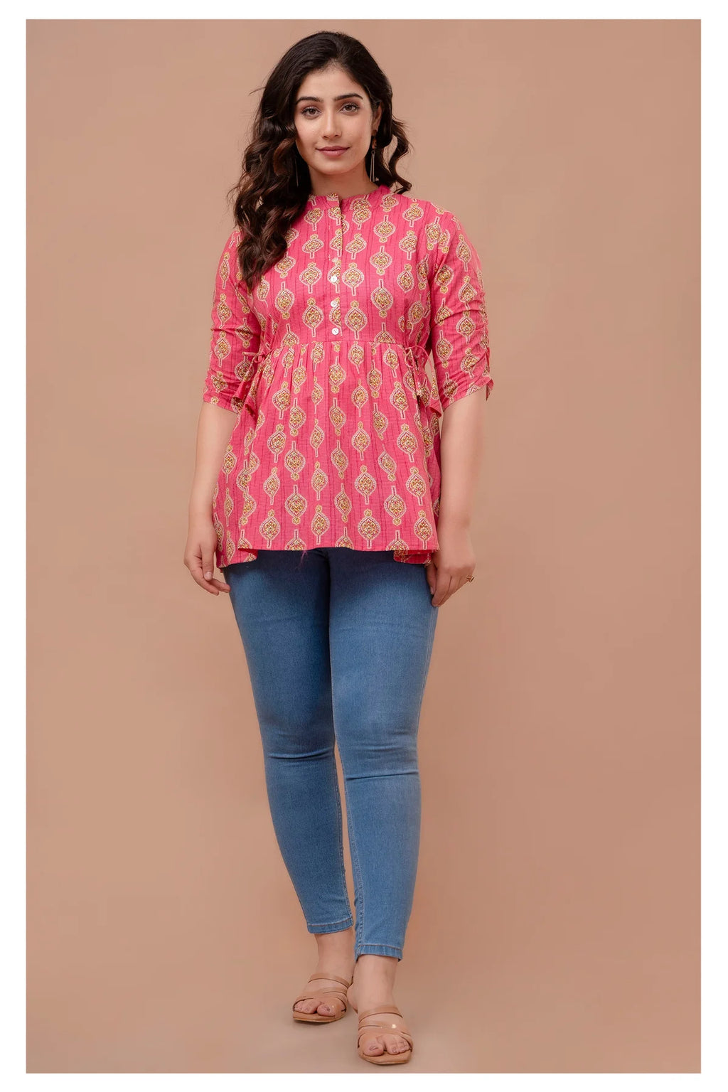 "Floral Motif Cotton Peplum Top for Women – Pink Shade"