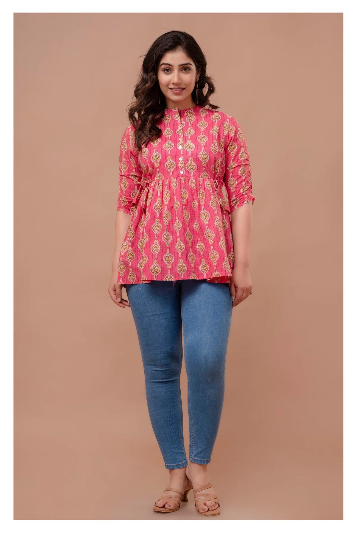 "Floral Motif Cotton Peplum Top for Women – Pink Shade"