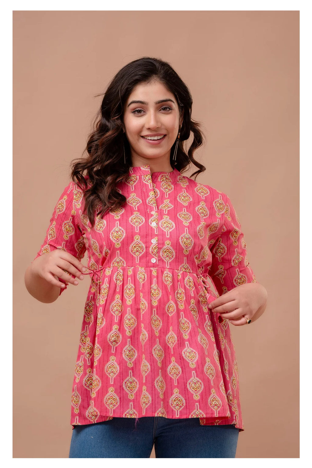 "Floral Motif Cotton Peplum Top for Women – Pink Shade"