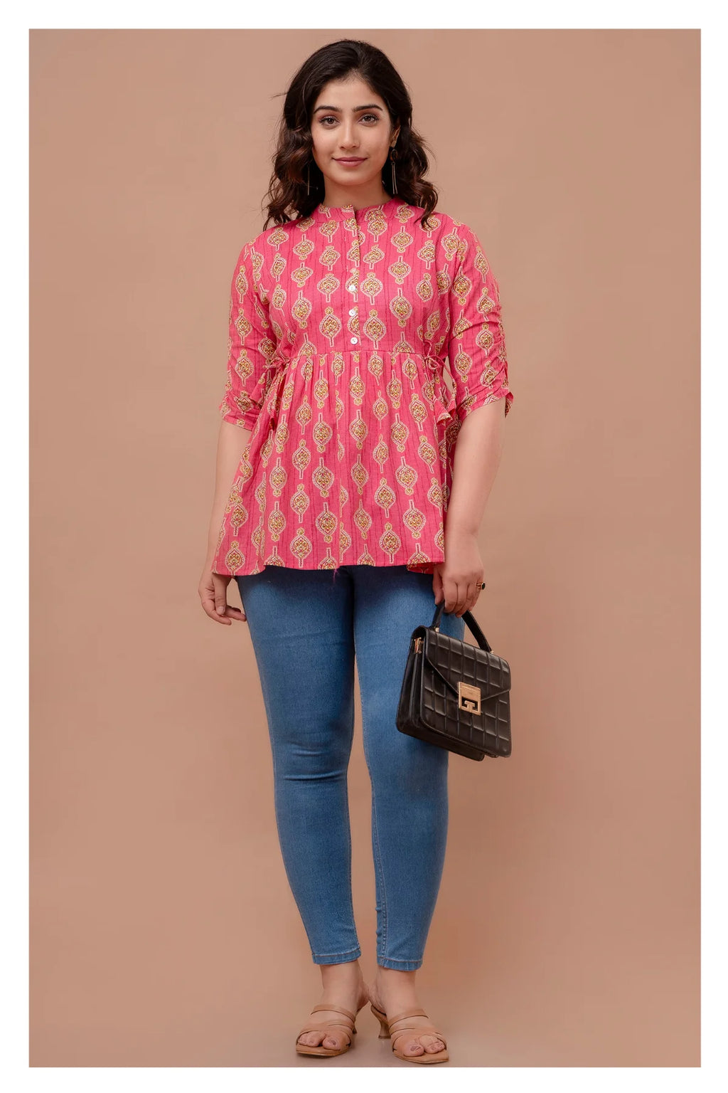 "Floral Motif Cotton Peplum Top for Women – Pink Shade"