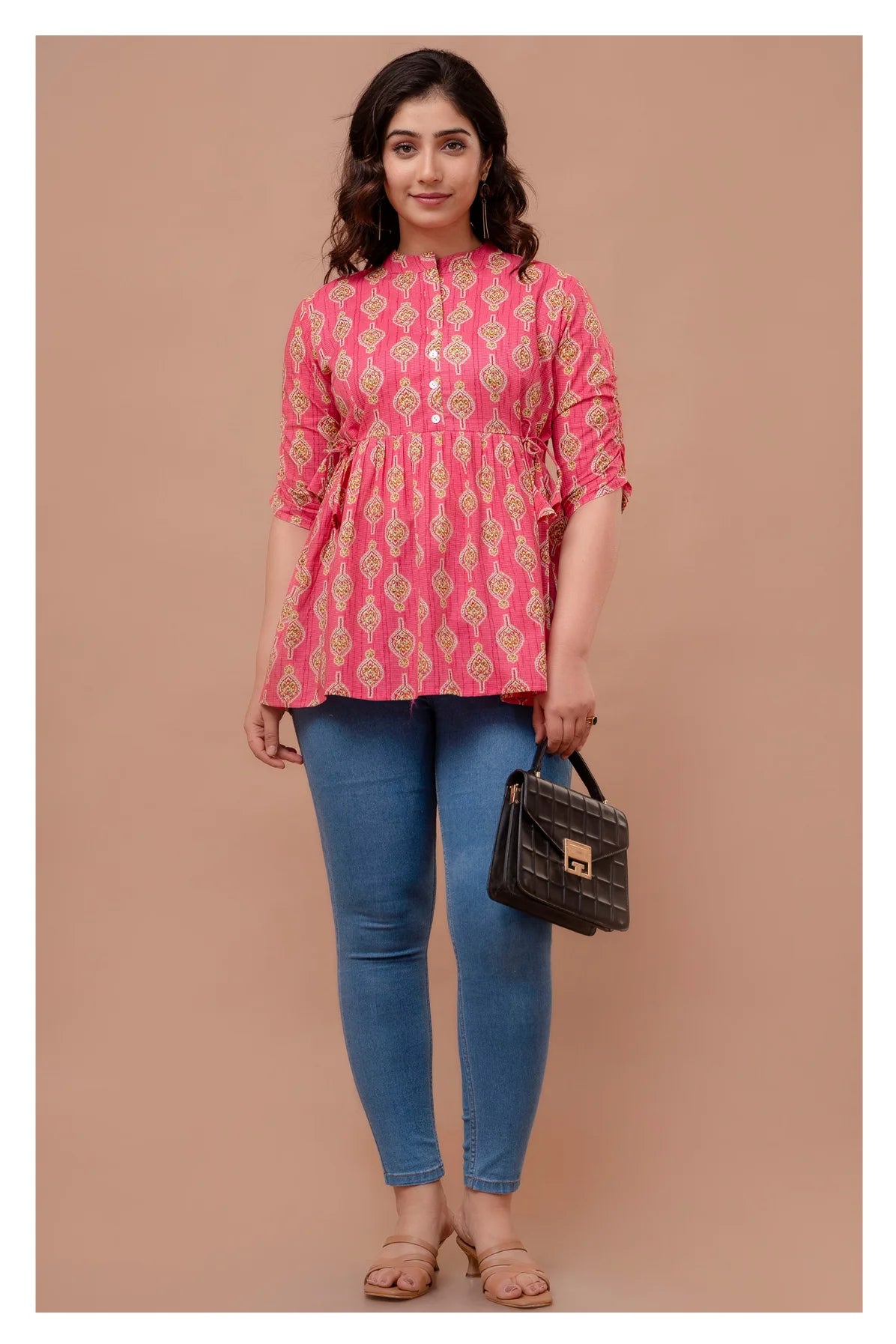 "Floral Motif Cotton Peplum Top for Women – Pink Shade"