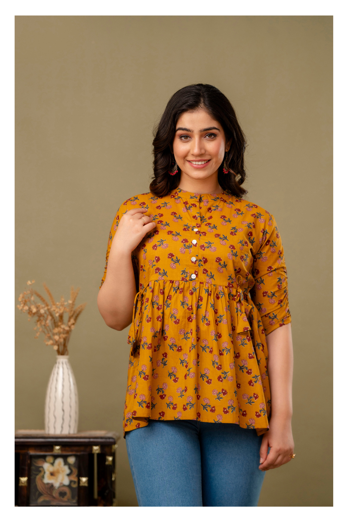 Yellow Printed Cotton Peplum Top for Women – Stylish & Comfortable Fit