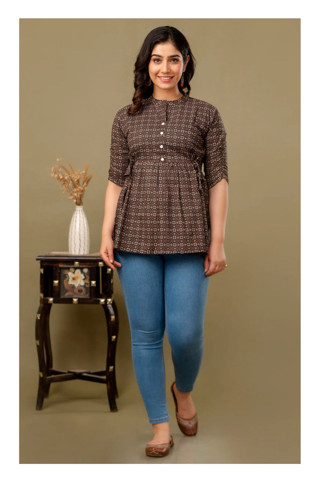 Brown Geometric Printed Cotton Topper for Women