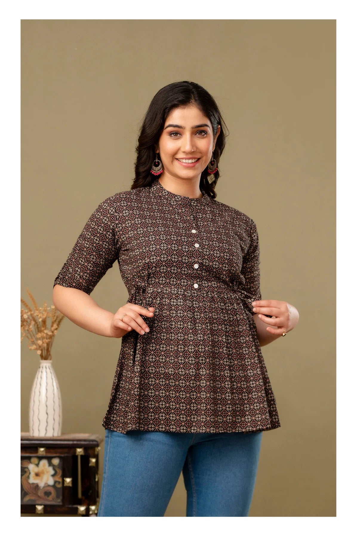 Brown Geometric Printed Cotton Topper for Women