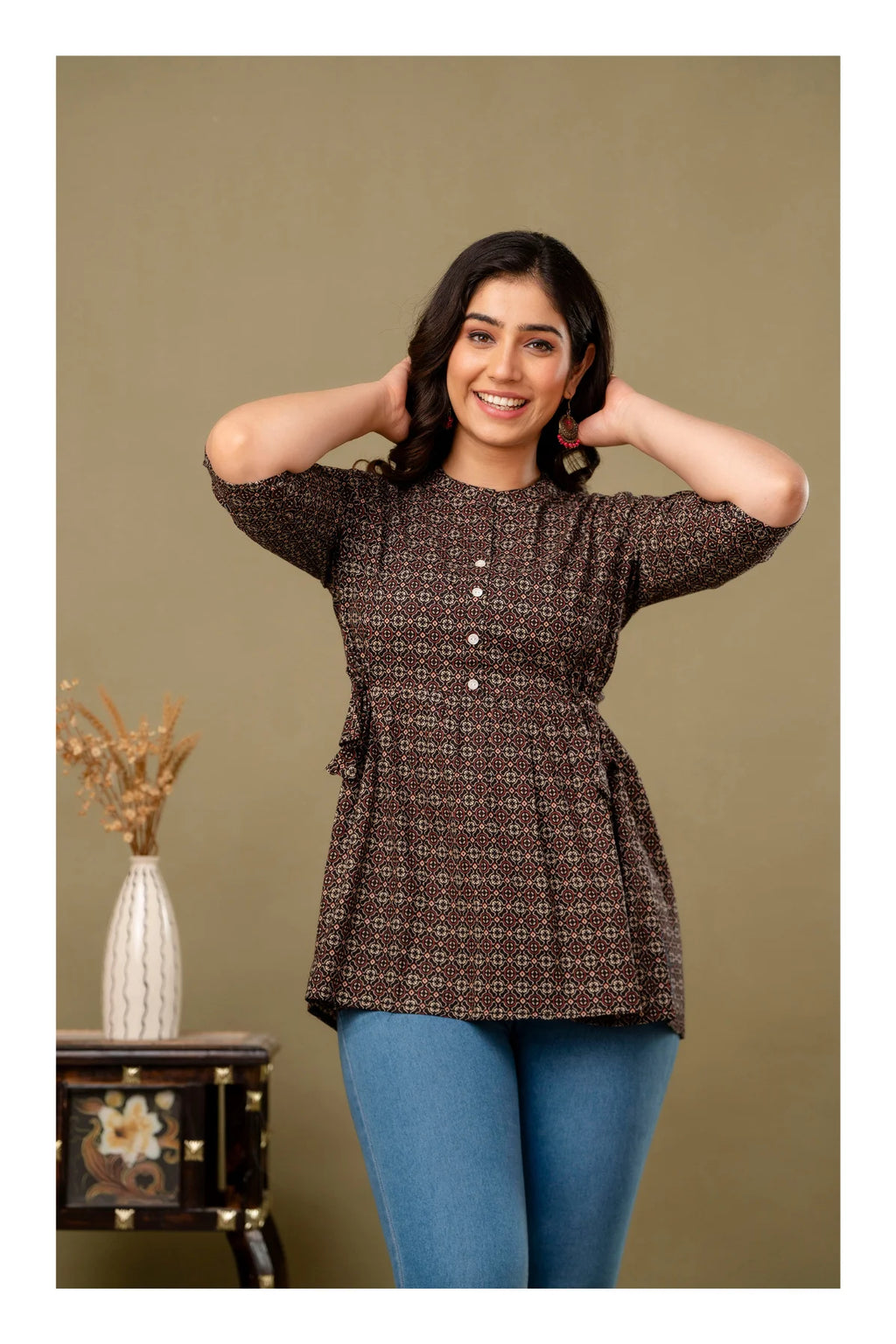 Brown Geometric Printed Cotton Topper for Women