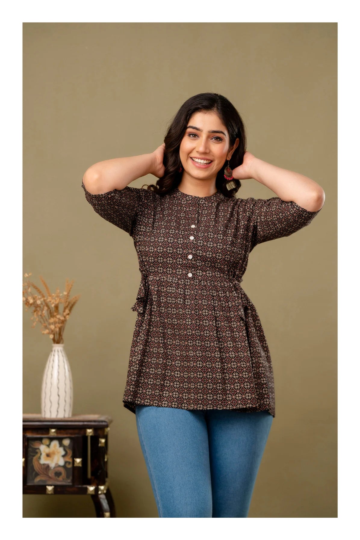 Brown Geometric Printed Cotton Topper for Women