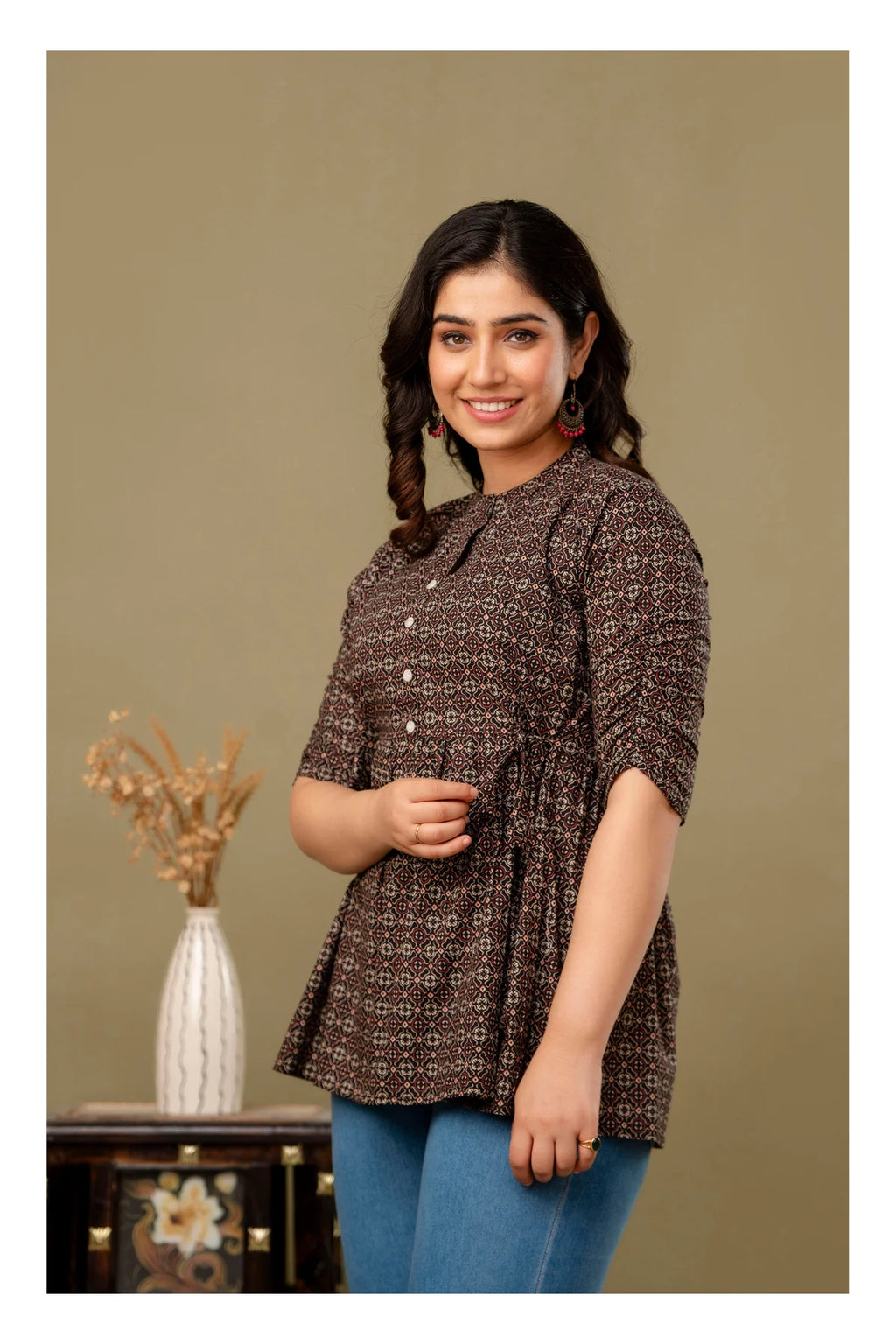 Brown Geometric Printed Cotton Topper for Women