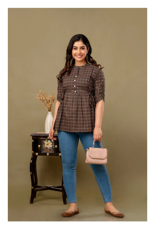 Brown Geometric Printed Cotton Topper for Women