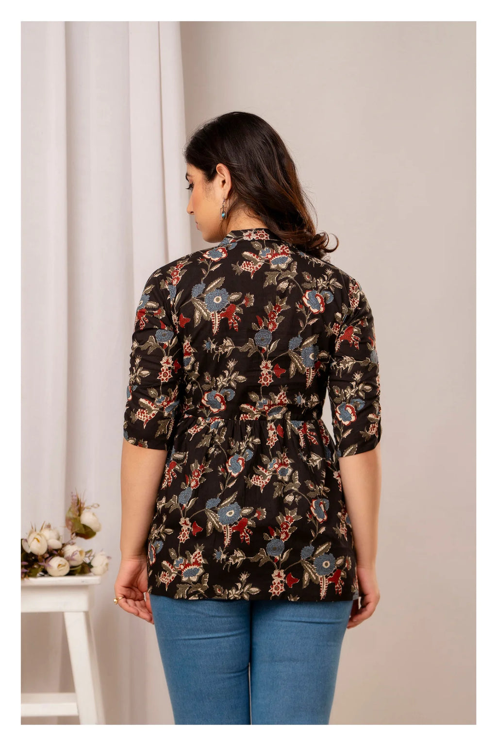 Women’s Black Floral Printed Peplum Top with Button Placket