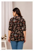 Women’s Black Floral Printed Peplum Top with Button Placket