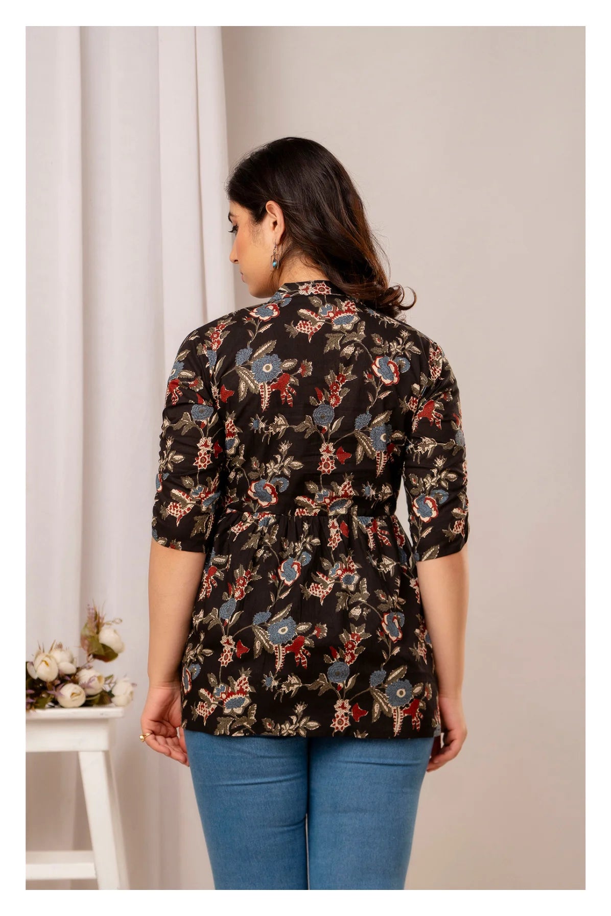 Women’s Black Floral Printed Peplum Top with Button Placket