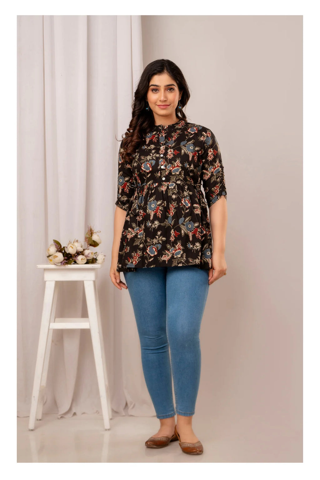 Women’s Black Floral Printed Peplum Top with Button Placket