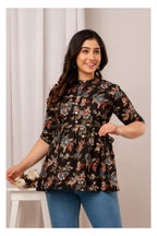 Women’s Black Floral Printed Peplum Top with Button Placket