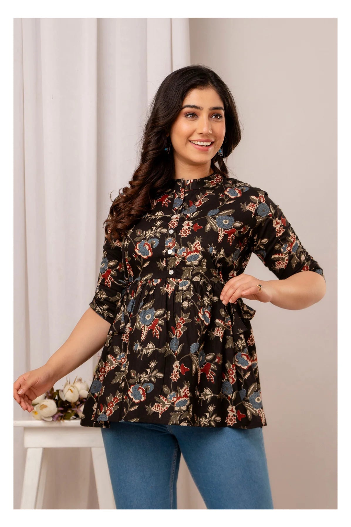 Women’s Black Floral Printed Peplum Top with Button Placket