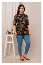 Women’s Black Floral Printed Peplum Top with Button Placket