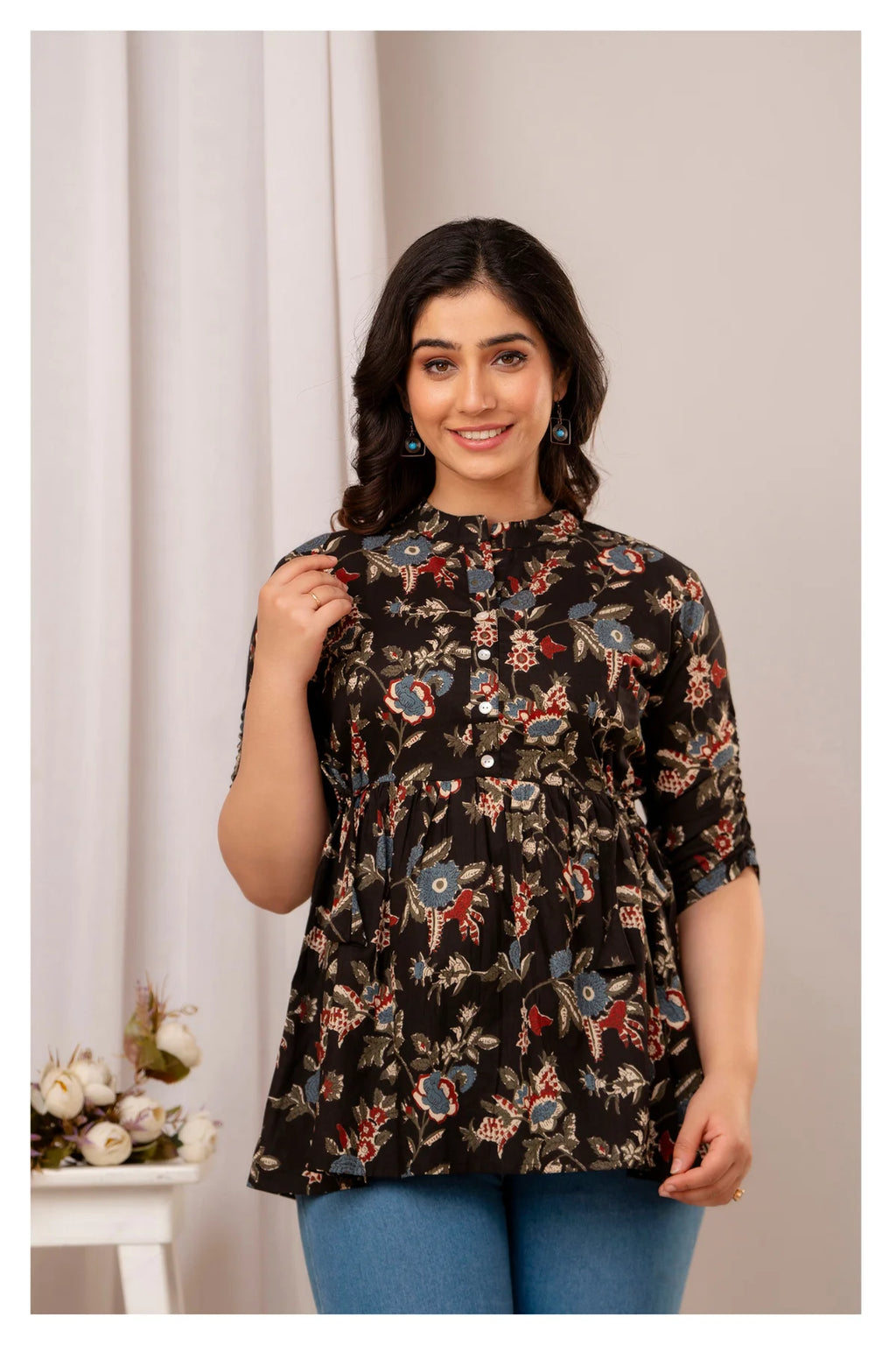 Women’s Black Floral Printed Peplum Top with Button Placket