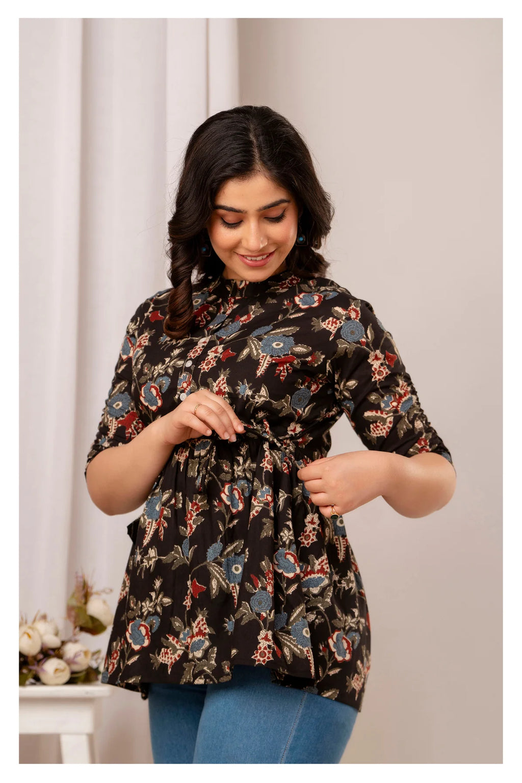 Women’s Black Floral Printed Peplum Top with Button Placket