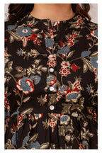 Women’s Black Floral Printed Peplum Top with Button Placket