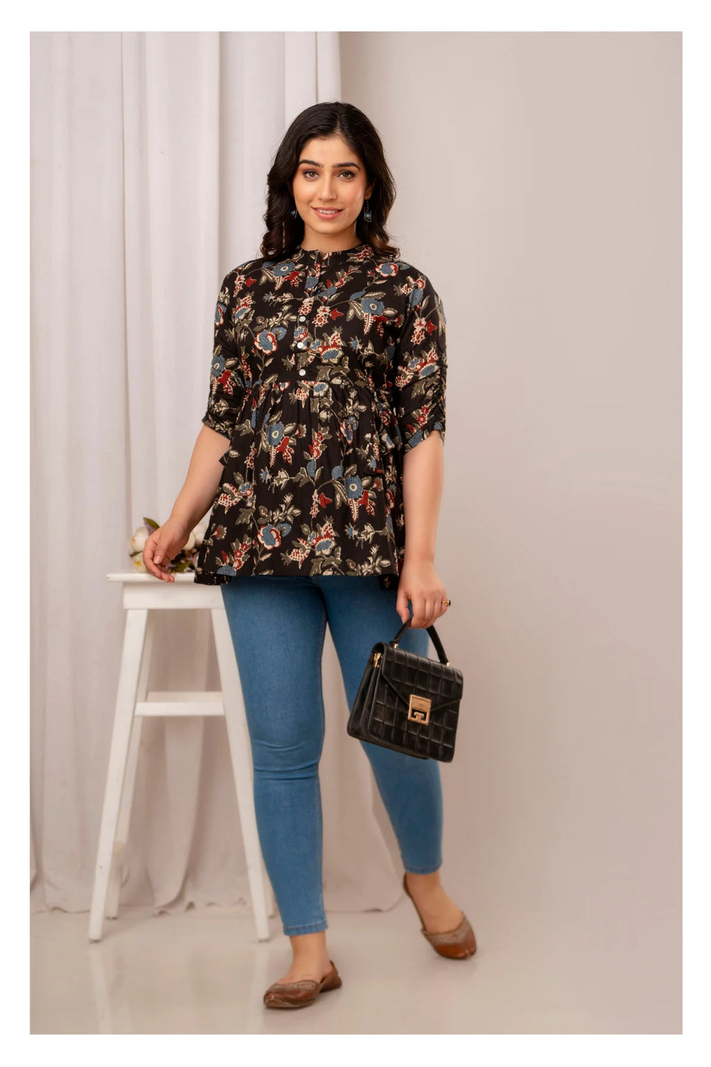 Women’s Black Floral Printed Peplum Top with Button Placket