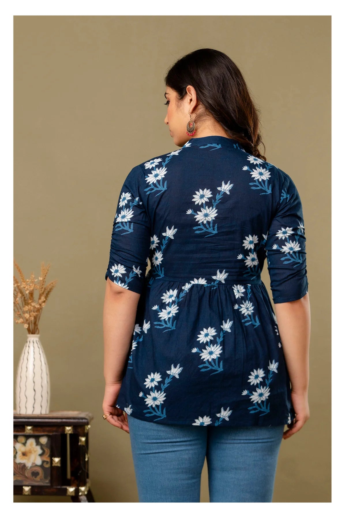 Navy Blue Floral Printed Cotton Topper for Women