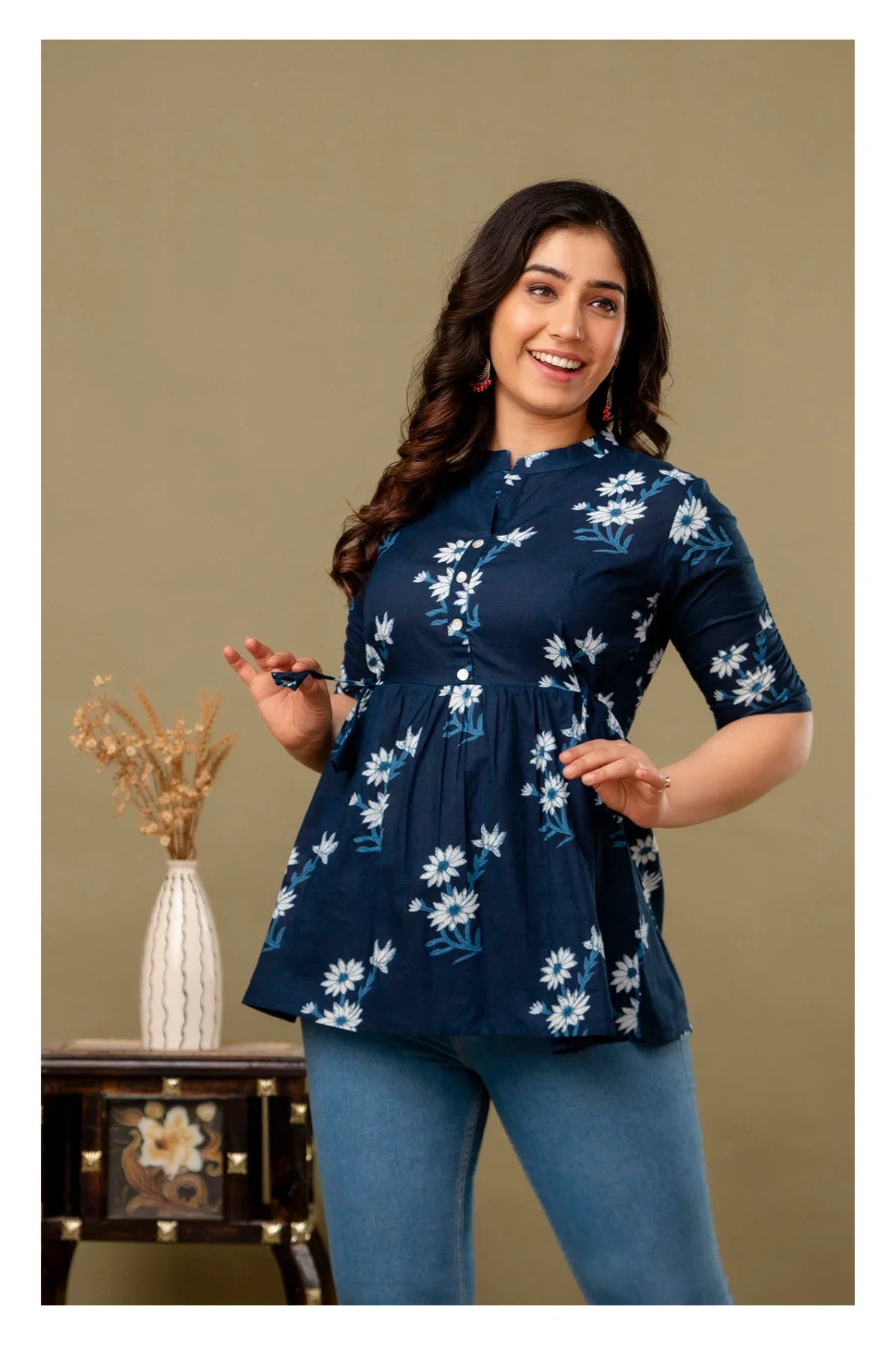 Navy Blue Floral Printed Cotton Topper for Women