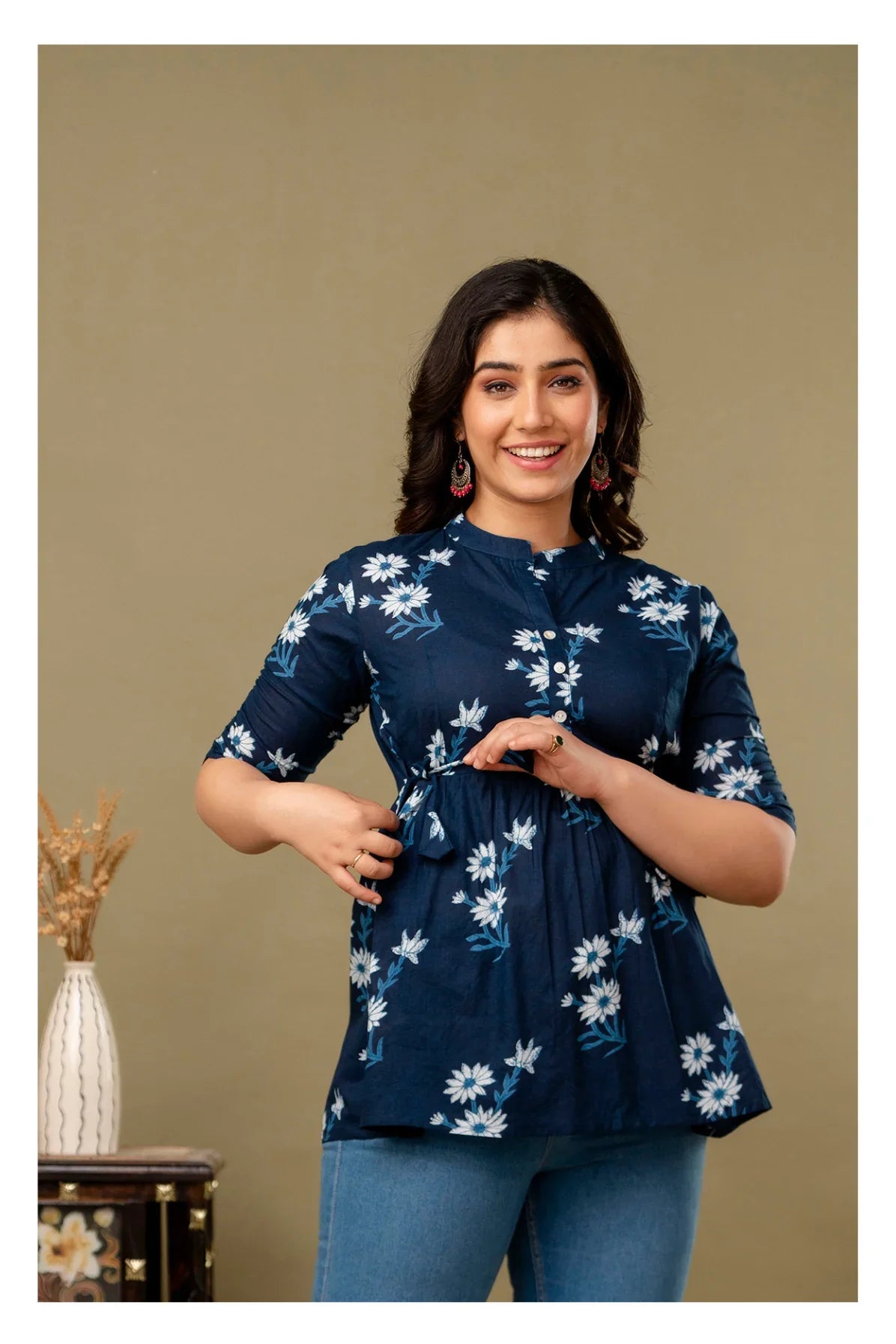 Navy Blue Floral Printed Cotton Topper for Women