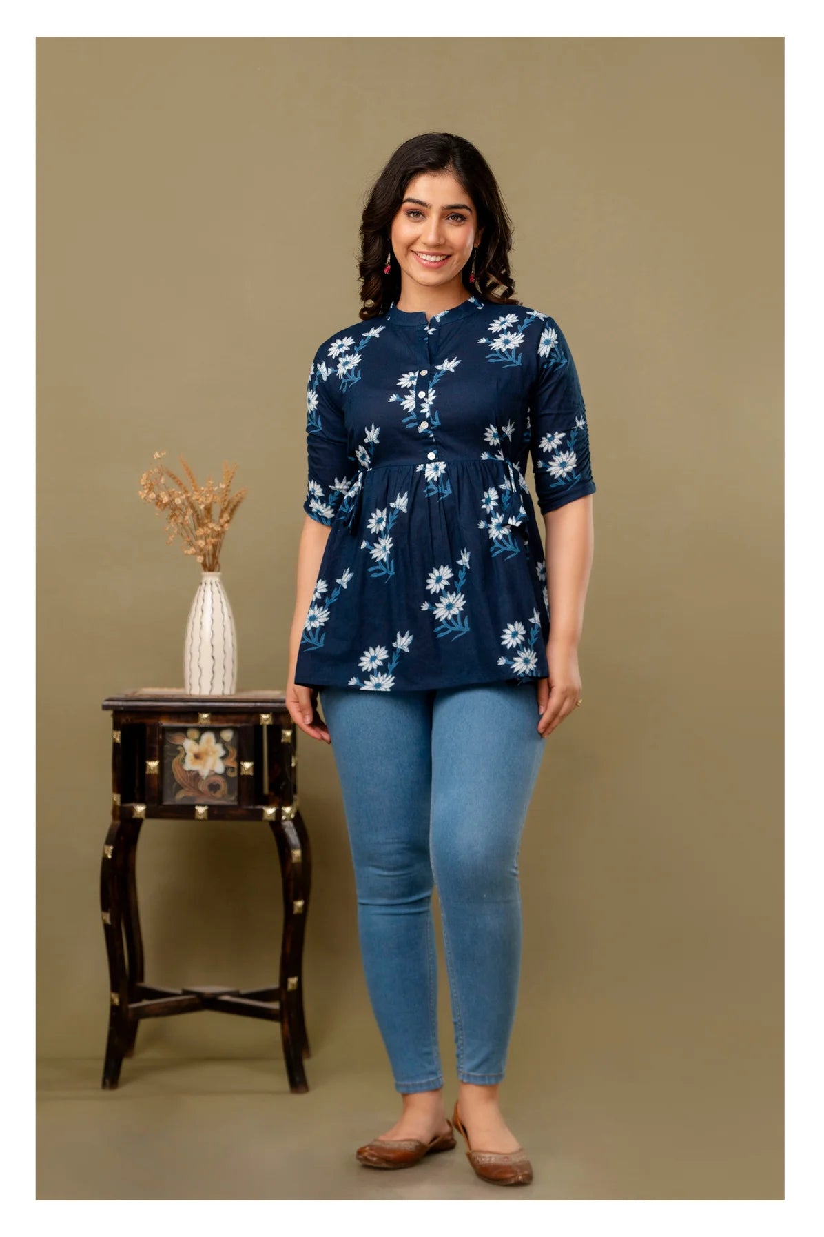 Navy Blue Floral Printed Cotton Topper for Women