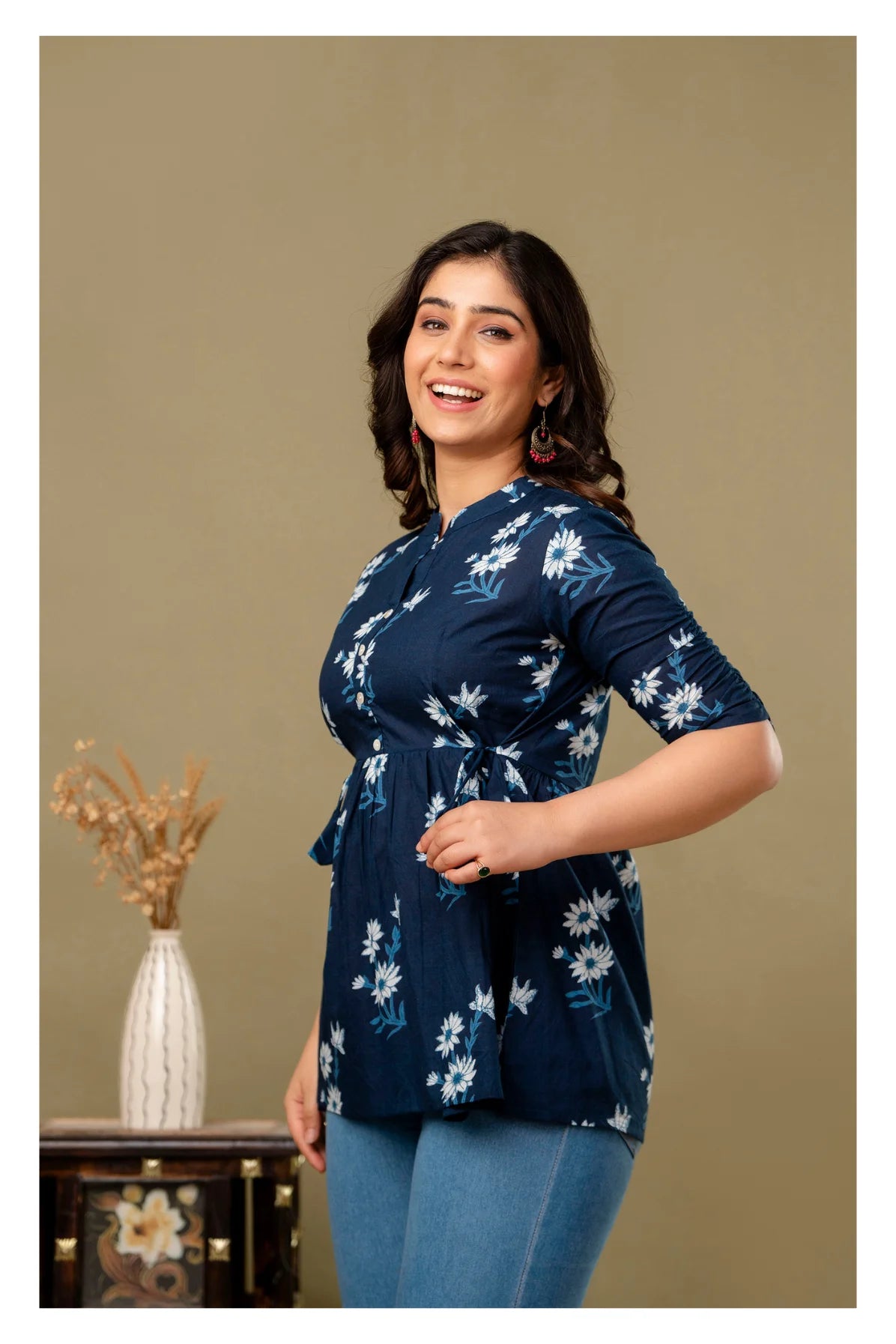 Navy Blue Floral Printed Cotton Topper for Women