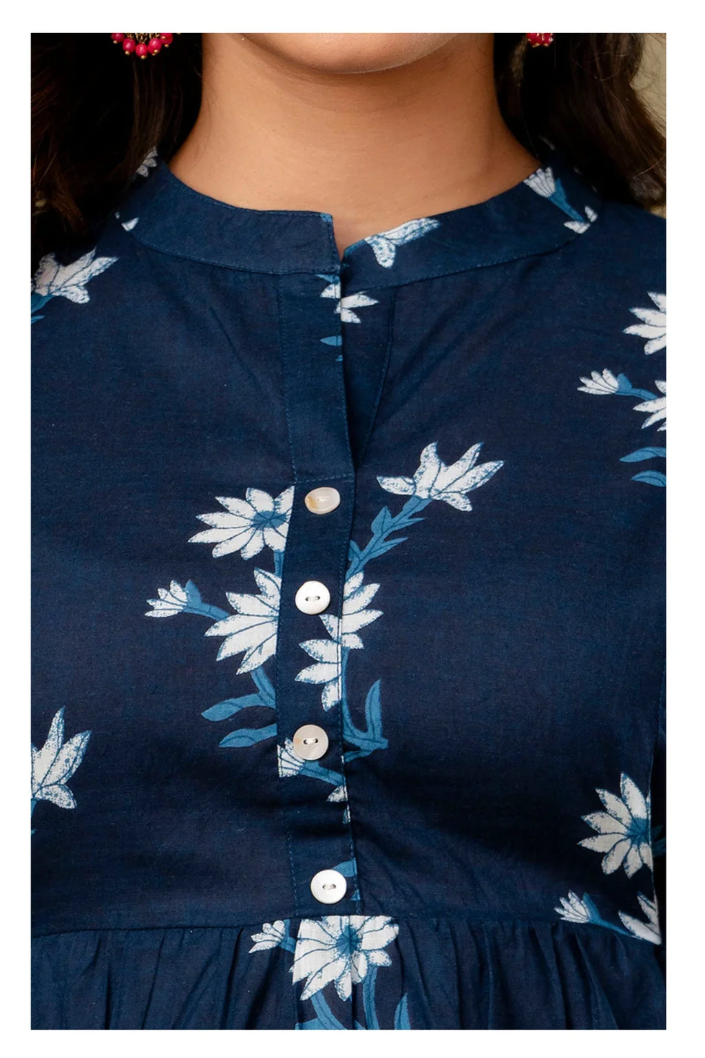 Navy Blue Floral Printed Cotton Topper for Women