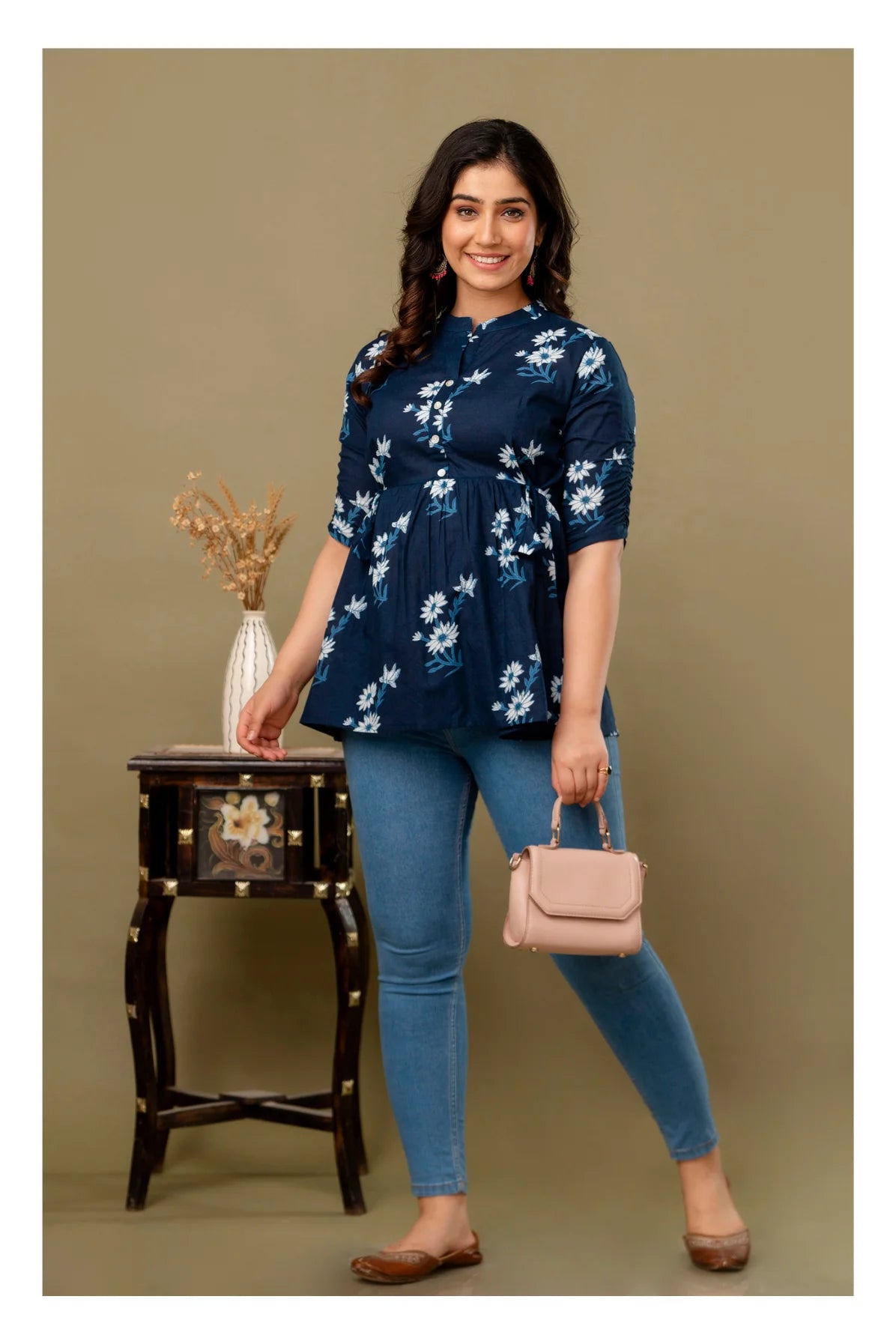 Navy Blue Floral Printed Cotton Topper for Women