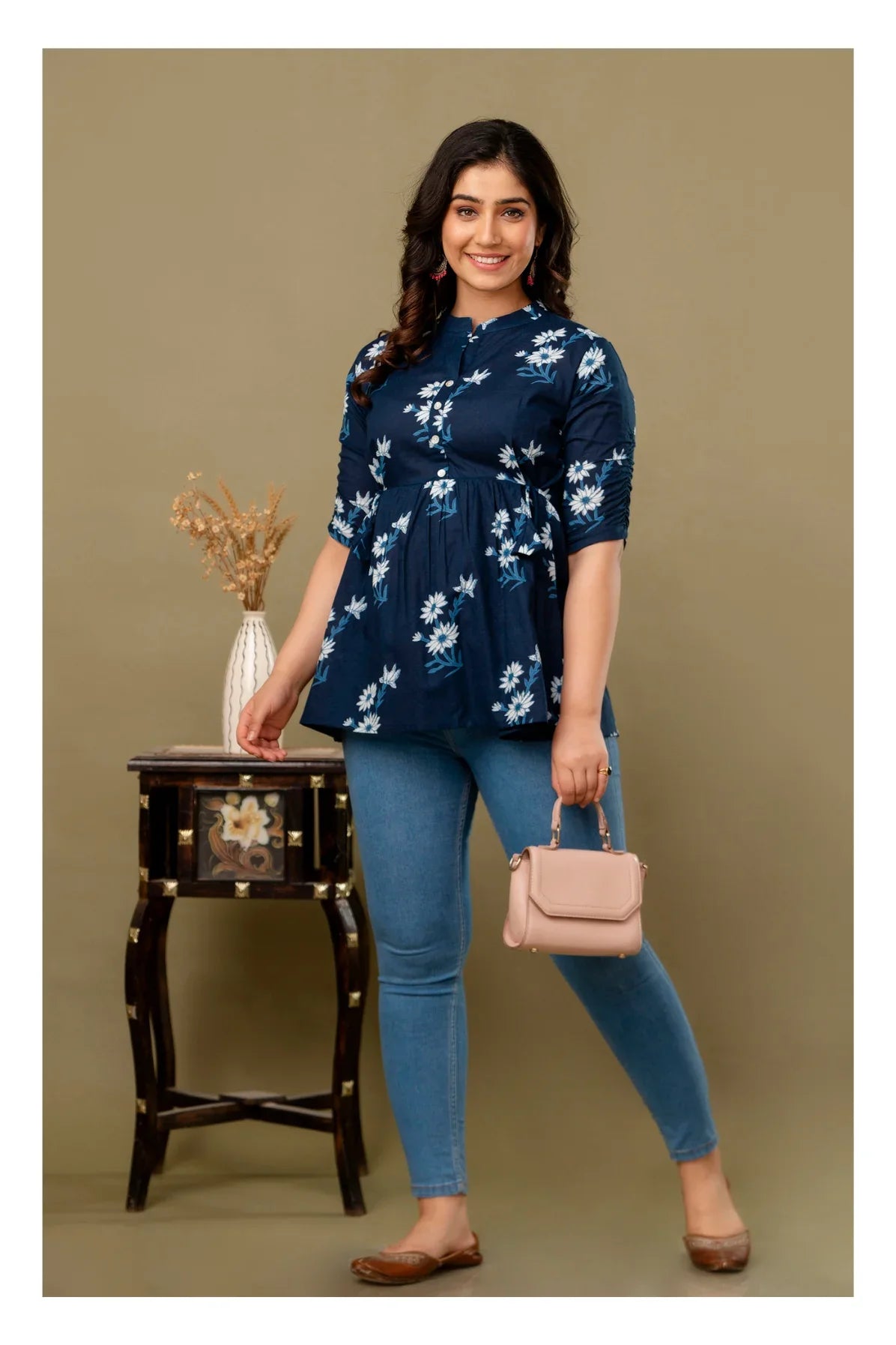 Navy Blue Floral Printed Cotton Topper for Women