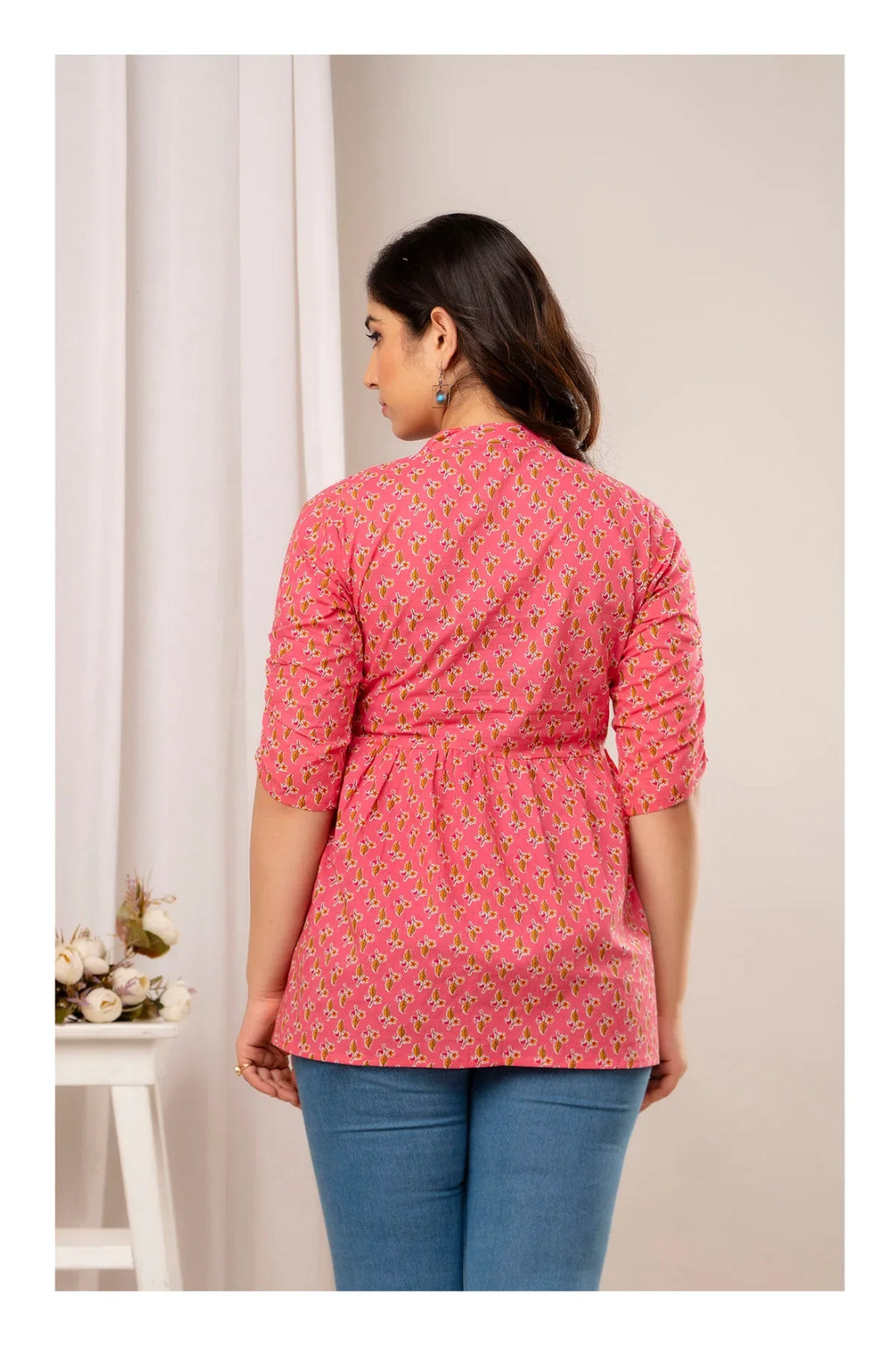 Pink Floral Printed Cotton Short Kurti Top for Women
