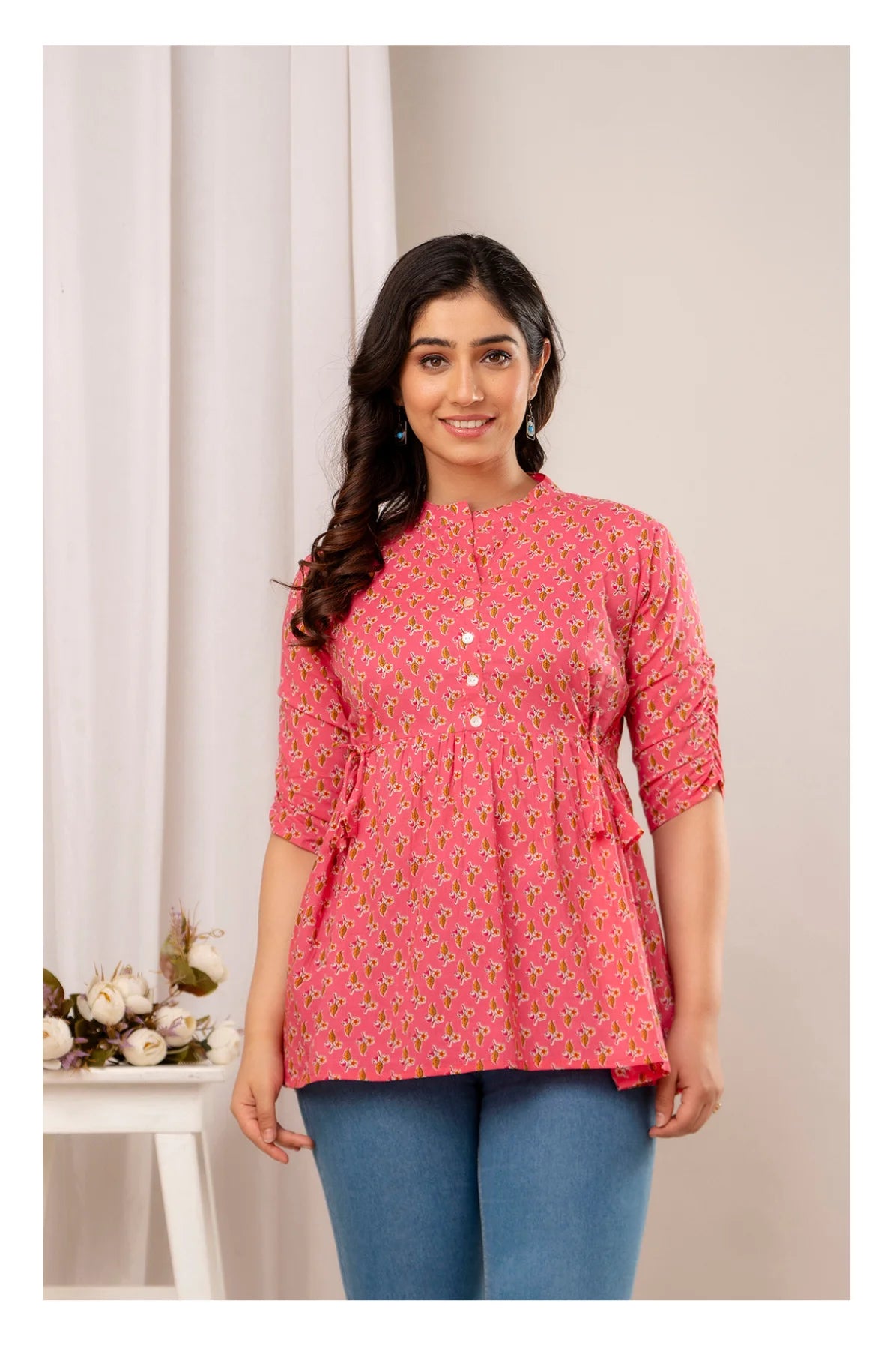 Pink Floral Printed Cotton Short Kurti Top for Women