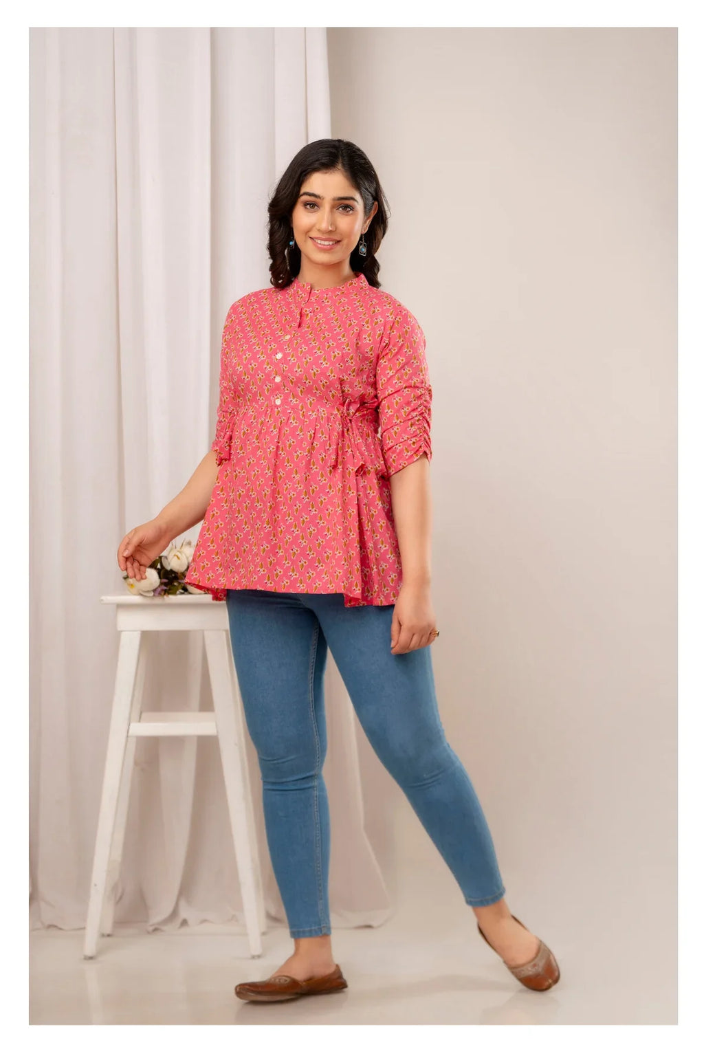 Pink Floral Printed Cotton Short Kurti Top for Women