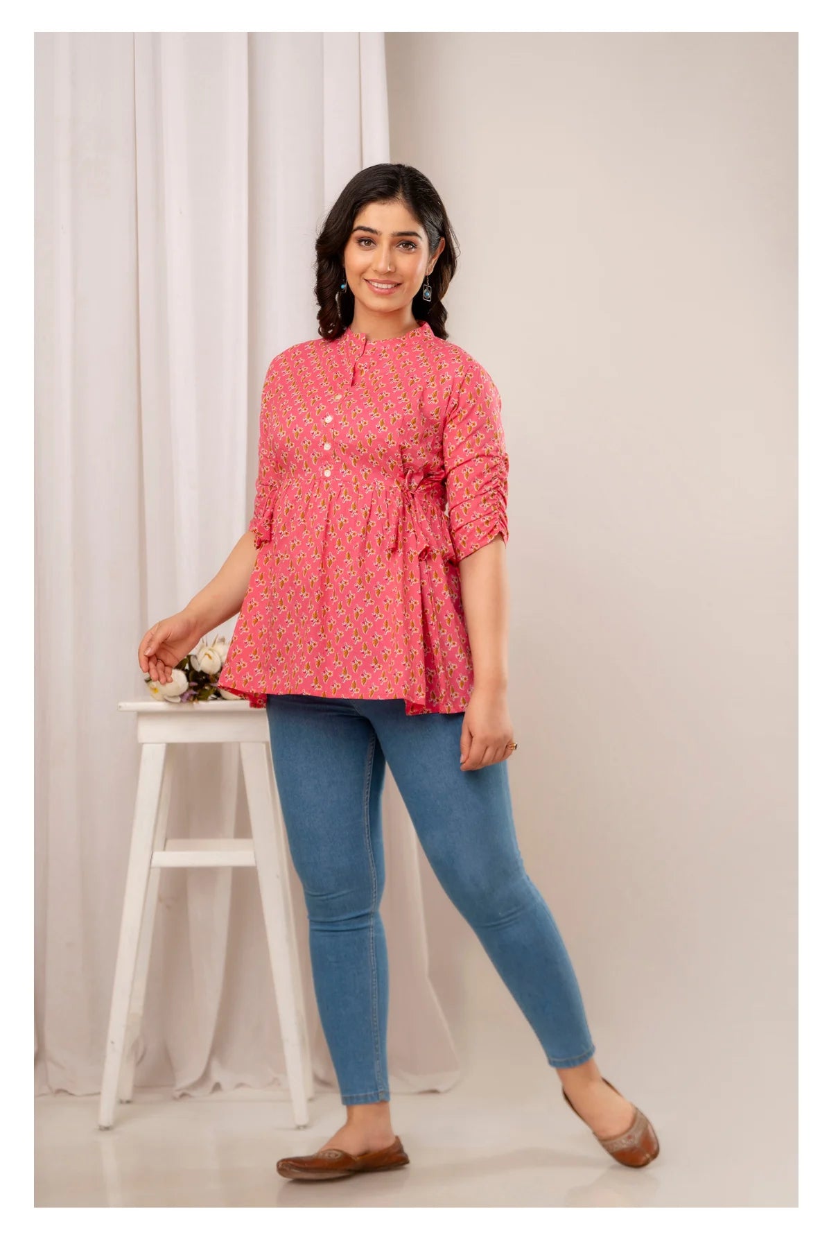 Pink Floral Printed Cotton Short Kurti Top for Women