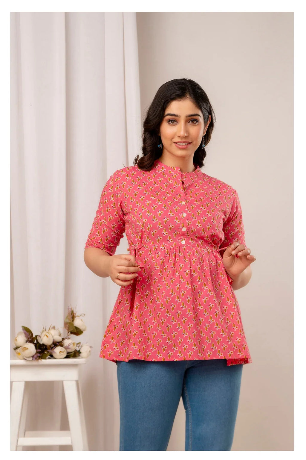Pink Floral Printed Cotton Short Kurti Top for Women