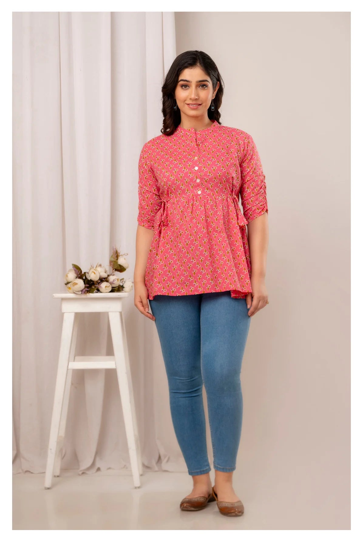 Pink Floral Printed Cotton Short Kurti Top for Women