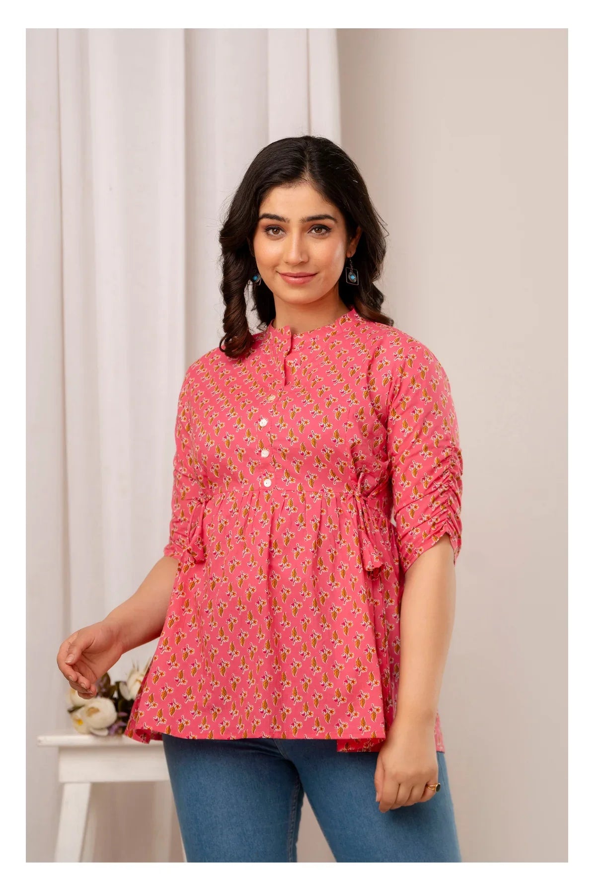 Pink Floral Printed Cotton Short Kurti Top for Women